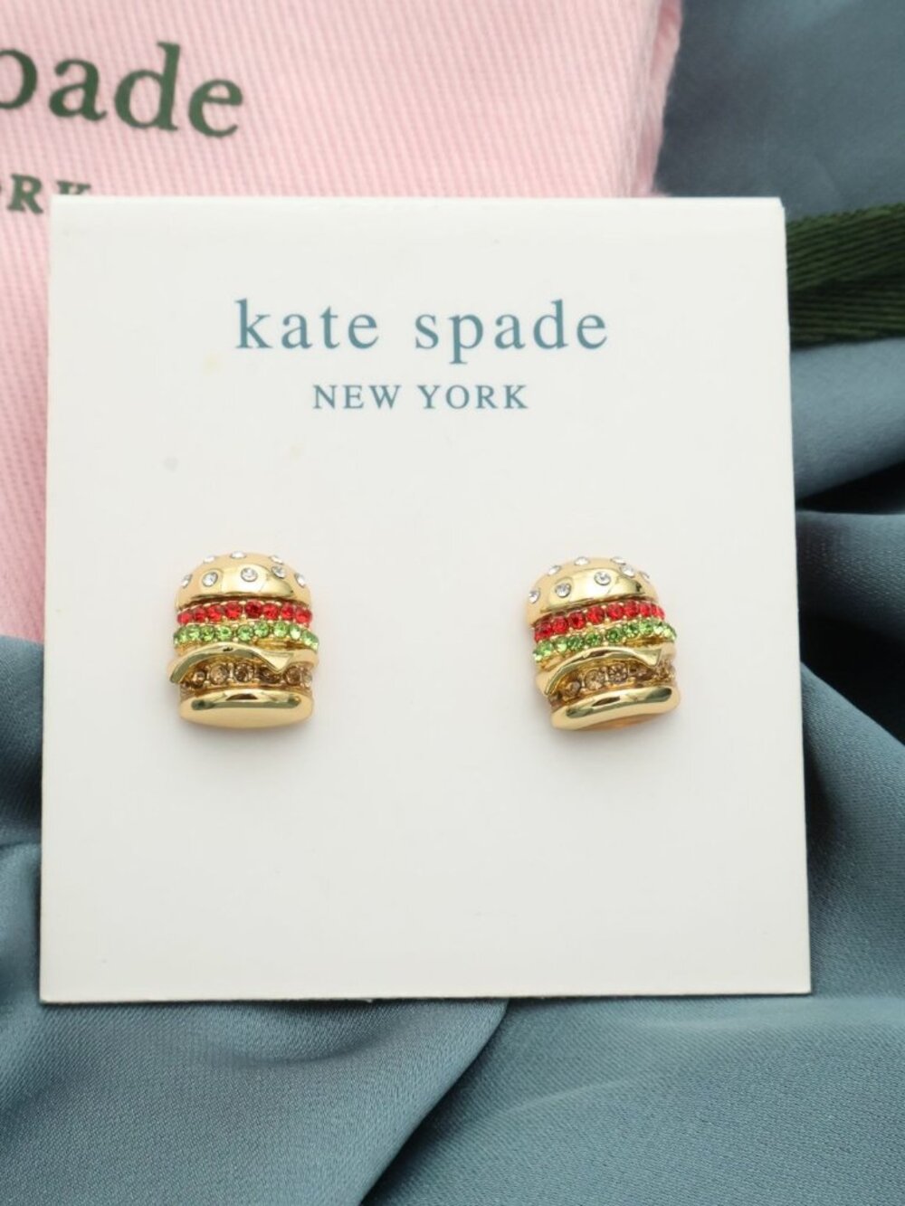Kate Spade Fast Food Gold Crystal Burger Stud Earrings NEW Perfect condition